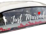 Sticker Autocolant, Embo, Tematica Nunta, Model Indragostiti, cu Scris Just Married, 50x11.5 cm, Alb