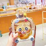 Sticla cu pai pentru copii, Embo, model ursulet, gradata, stickere aplicate, curea reglabila, din plastic rezistent la cadere, 1l, Maro, 20 x 13 cm - imagine 2