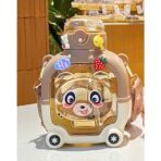 Sticla cu pai pentru copii, Embo, model ursulet, gradata, stickere aplicate, curea reglabila, din plastic rezistent la cadere, 1l, Maro, 20 x 13 cm - imagine 3