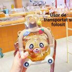 Sticla cu pai pentru copii, Embo, model ursulet, gradata, stickere aplicate, curea reglabila, din plastic rezistent la cadere, 1l, Maro, 20 x 13 cm - imagine 5