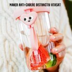 Pahar din silicon, cu capac si pai, pentru copii, Embo, anti-cadere, compartiment pentru fructe/ceai/gheata, rezistent la temperaturi inalte, 500ml, Roz, 14.5x8.8x20 cm - imagine 2