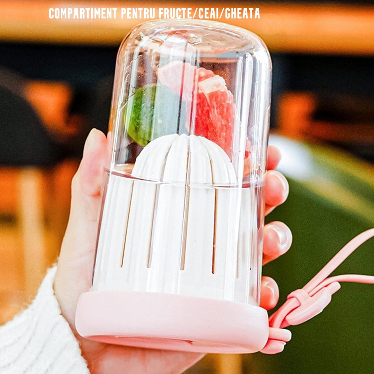 Pahar din silicon, cu capac si pai, pentru copii, Embo, anti-cadere, compartiment pentru fructe/ceai/gheata, rezistent la temperaturi inalte, 500ml, Roz, 14.5x8.8x20 cm - imagine 3