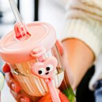 Pahar din silicon, cu capac si pai, pentru copii, Embo, anti-cadere, compartiment pentru fructe/ceai/gheata, rezistent la temperaturi inalte, 500ml, Roz, 14.5x8.8x20 cm - imagine 6