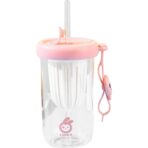 Pahar din silicon, cu capac si pai, pentru copii, Embo, anti-cadere, compartiment pentru fructe/ceai/gheata, rezistent la temperaturi inalte, 500ml, Roz, 14.5x8.8x20 cm