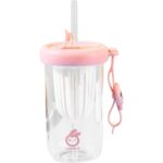 Pahar din silicon, cu capac si pai, pentru copii, Embo, anti-cadere, compartiment pentru fructe/ceai/gheata, rezistent la temperaturi inalte, 500ml, Roz, 14.5x8.8x20 cm