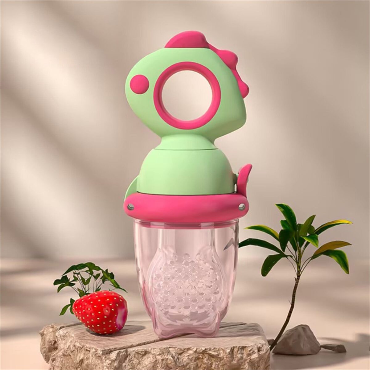 Suzeta pentru Fructe, Embo, pentru Bebelusi, din Silicon Alimentar, +4 Luni, 2 mm Grosime Gauri Tetina, 12.4 x 5.1 x 4.7 cm, Verde/Fucsia - imagine 3