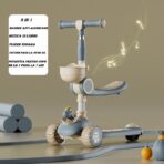 Trotineta Multifunctionala 3 in 1, Embo, pentru Copii, 1-7 Ani, cu Lumini si Muzica, Reglabil 360, Pliere Usoara, Reglarea Inaltimii, Model Dinozaur, Bej/Albastru - imagine 2