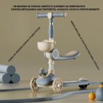 Trotineta Multifunctionala 3 in 1, Embo, pentru Copii, 1-7 Ani, cu Lumini si Muzica, Reglabil 360, Pliere Usoara, Reglarea Inaltimii, Model Dinozaur, Bej/Albastru - imagine 3