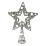 Varf decorativ de brad, Argintiu, in forma de Stea, decupata in centru, din Plastic/Metal, 14 cm x 19 cm, Interior/Exterior, Embo