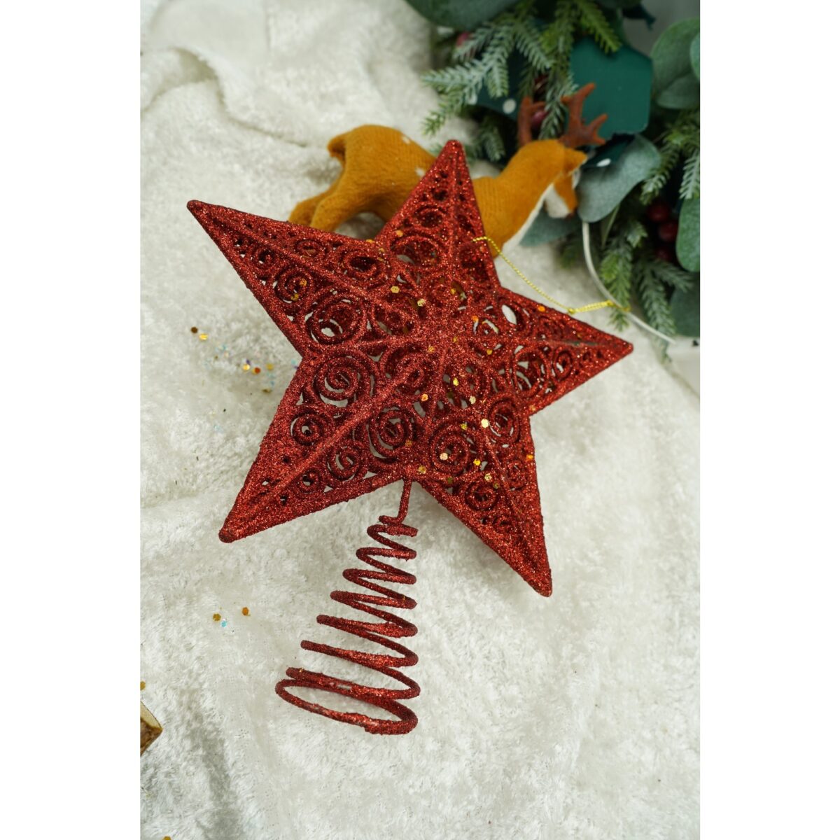 Varf decorativ de brad, Rosu, in forma de Stea, design spiralat, din Plastic/Metal, 19 cm x 23 cm, Interior/Exterior, Embo - imagine 4
