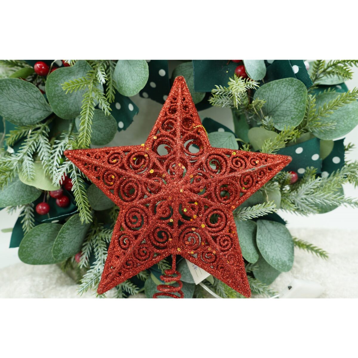 Varf decorativ de brad, Rosu, in forma de Stea, design spiralat, din Plastic/Metal, 19 cm x 23 cm, Interior/Exterior, Embo - imagine 5