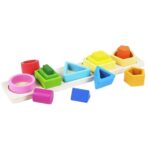 Jucarie Montessori din Lemn, Embo, Tip Puzzle, cu 5 Forme Asimetrice, 15 Piese, Educativa, Interactiva, Creativa, Model Forme Geometrice, Materiale Non Toxice, +2 Ani, 29x6.5 cm, Multicolor - imagine 2
