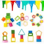 Jucarie Montessori din Lemn, Embo, Tip Puzzle, cu 5 Forme Asimetrice, 15 Piese, Educativa, Interactiva, Creativa, Model Forme Geometrice, Materiale Non Toxice, +2 Ani, 29x6.5 cm, Multicolor - imagine 3