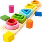 Jucarie Montessori din Lemn, Embo, Tip Puzzle, cu 5 Forme Asimetrice, 15 Piese, Educativa, Interactiva, Creativa, Model Forme Geometrice, Materiale Non Toxice, +2 Ani, 29x6.5 cm, Multicolor - imagine 4
