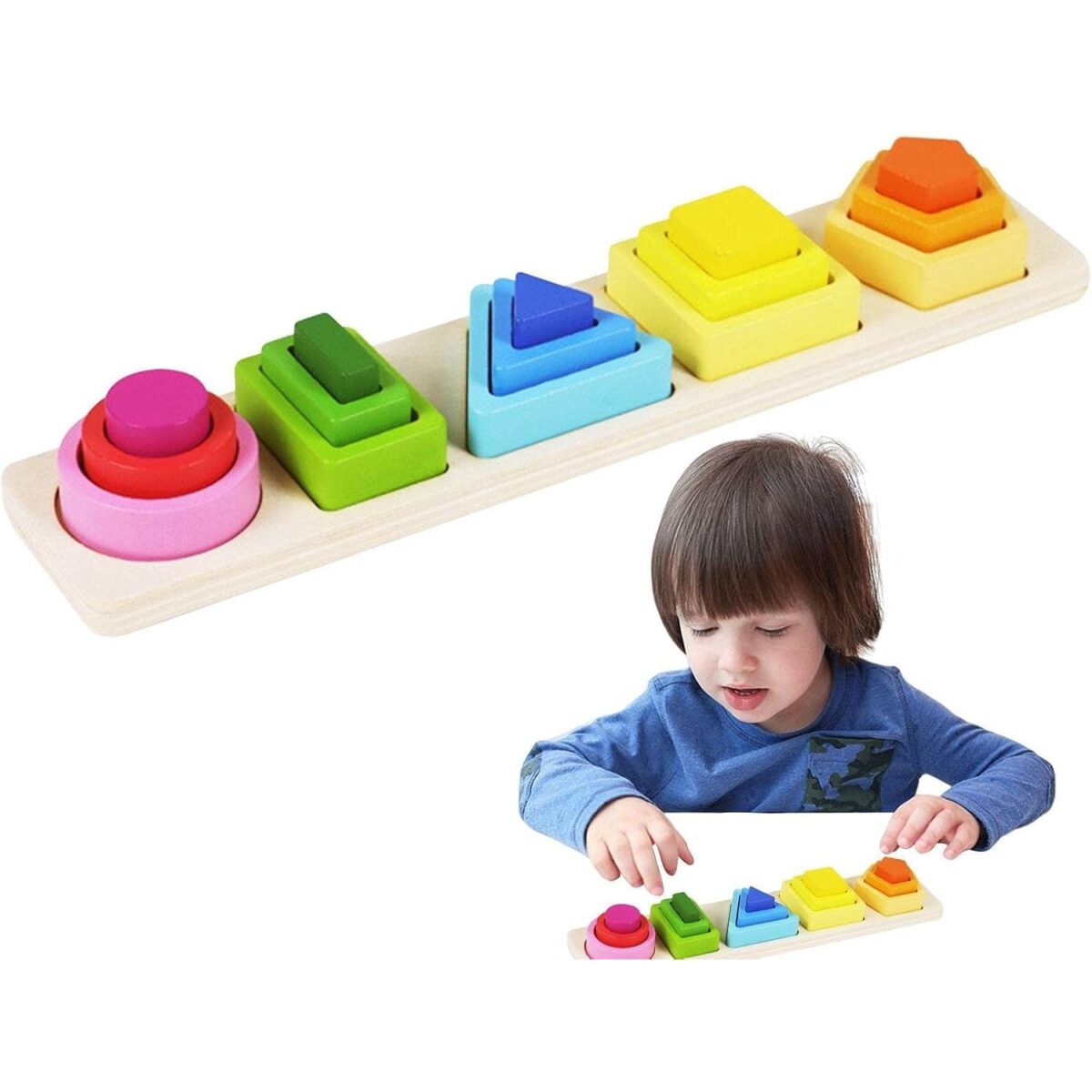 Jucarie Montessori din Lemn, Embo, Tip Puzzle, cu 5 Forme Asimetrice, 15 Piese, Educativa, Interactiva, Creativa, Model Forme Geometrice, Materiale Non Toxice, +2 Ani, 29x6.5 cm, Multicolor - imagine 7