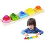 Jucarie Montessori din Lemn, Embo, Tip Puzzle, cu 5 Forme Asimetrice, 15 Piese, Educativa, Interactiva, Creativa, Model Forme Geometrice, Materiale Non Toxice, +2 Ani, 29x6.5 cm, Multicolor - imagine 7