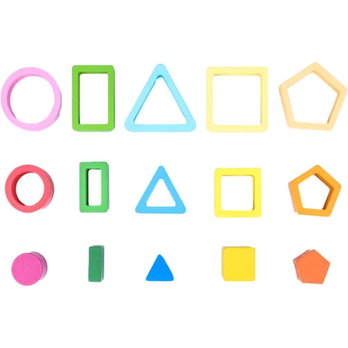 Jucarie Montessori din Lemn, Embo, Tip Puzzle, cu 5 Forme Asimetrice, 15 Piese, Educativa, Interactiva, Creativa, Model Forme Geometrice, Materiale Non Toxice, +2 Ani, 29x6.5 cm, Multicolor - imagine 8