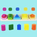 Jucarie Montessori din Lemn, Embo, Tip Puzzle, cu 5 Forme Asimetrice, 15 Piese, Educativa, Interactiva, Creativa, Model Forme Geometrice, Materiale Non Toxice, +2 Ani, 29x6.5 cm, Multicolor - imagine 9