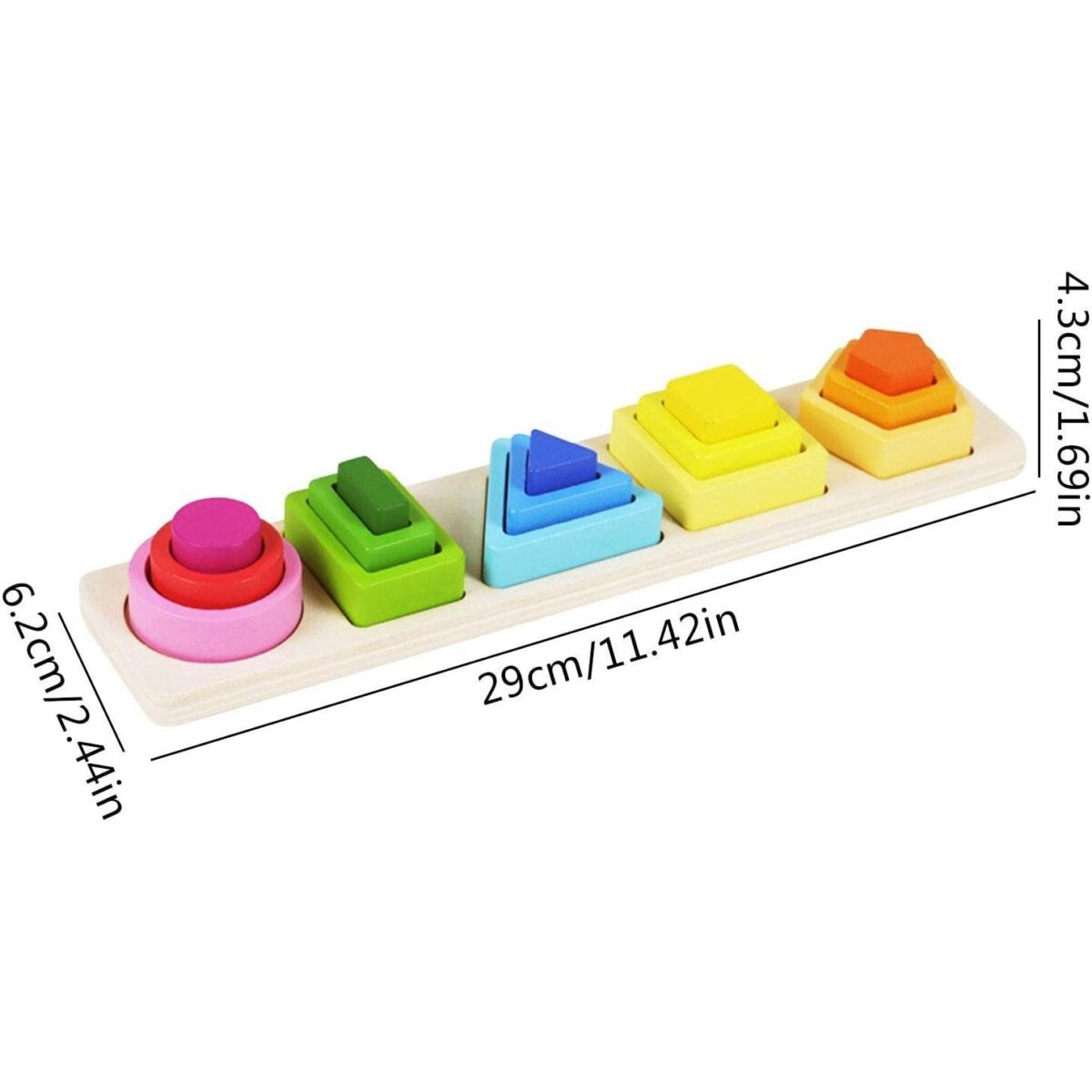 Jucarie Montessori din Lemn, Embo, Tip Puzzle, cu 5 Forme Asimetrice, 15 Piese, Educativa, Interactiva, Creativa, Model Forme Geometrice, Materiale Non Toxice, +2 Ani, 29x6.5 cm, Multicolor - imagine 11