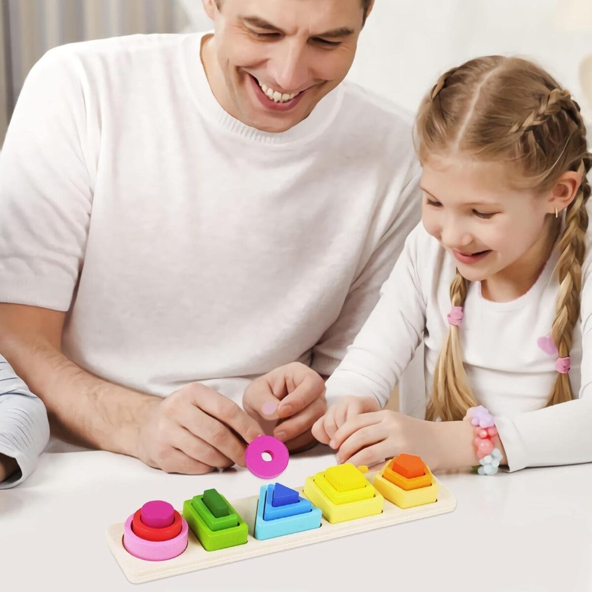 Jucarie Montessori din Lemn, Embo, Tip Puzzle, cu 5 Forme Asimetrice, 15 Piese, Educativa, Interactiva, Creativa, Model Forme Geometrice, Materiale Non Toxice, +2 Ani, 29x6.5 cm, Multicolor - imagine 12