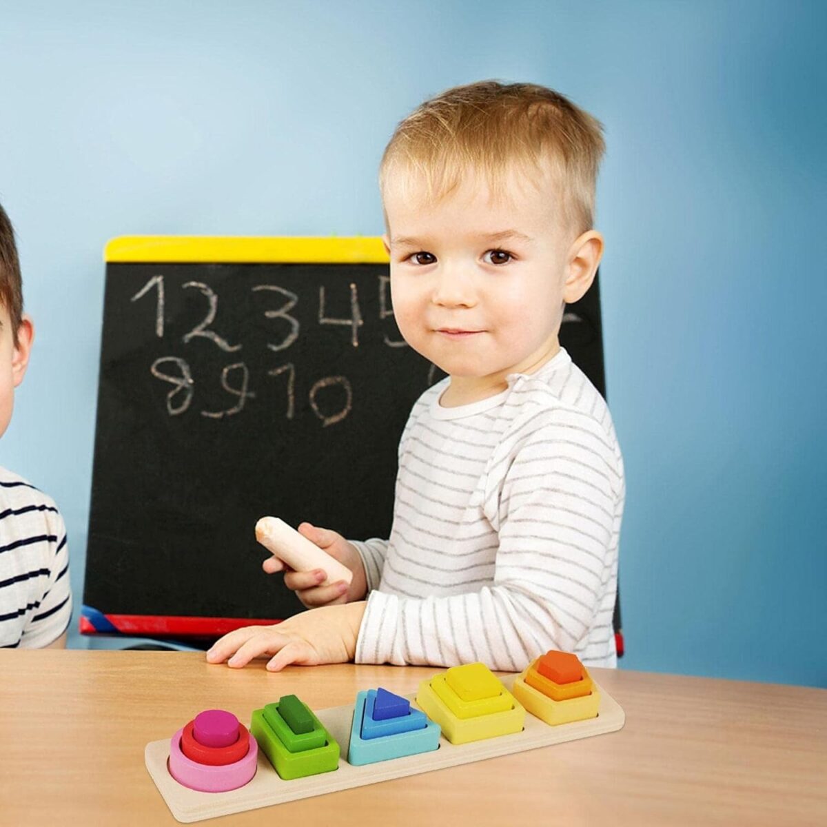 Jucarie Montessori din Lemn, Embo, Tip Puzzle, cu 5 Forme Asimetrice, 15 Piese, Educativa, Interactiva, Creativa, Model Forme Geometrice, Materiale Non Toxice, +2 Ani, 29x6.5 cm, Multicolor - imagine 13